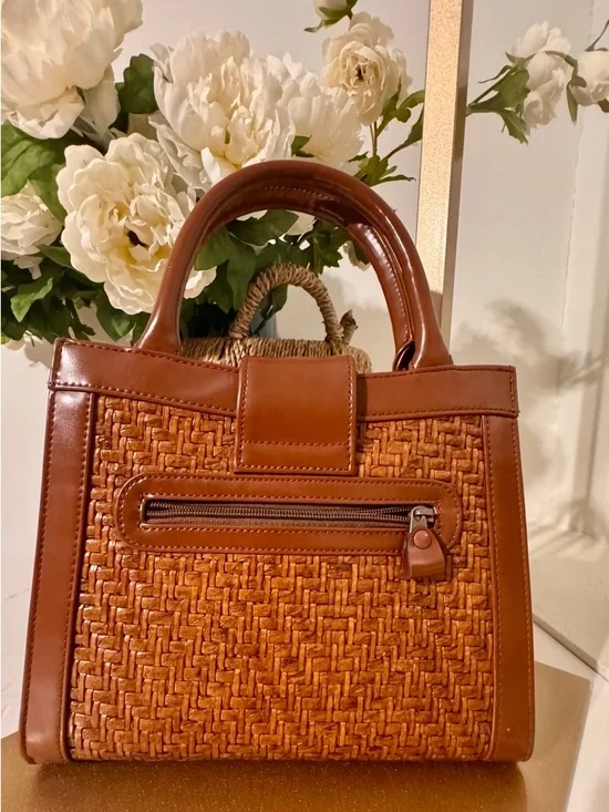 Top-Handle Woven Satchel in Cognac Brown - Picture 2 of 6
